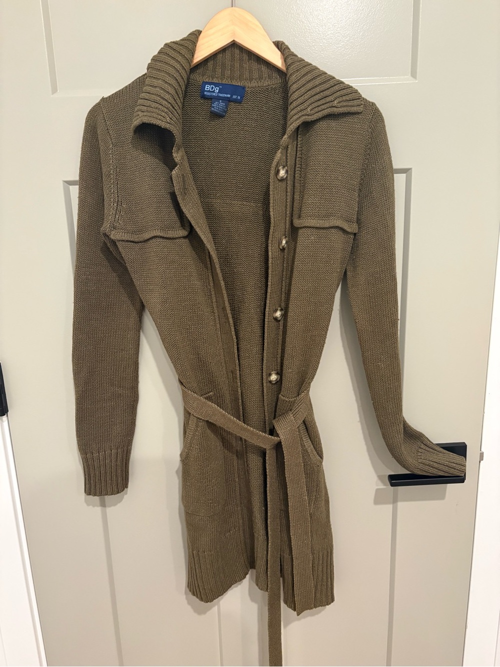 Urban Oufitters BDG Olive Long Knit Belted Cardigan Sweater